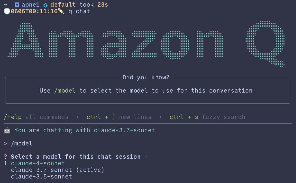 ymotongpoo's tweet photo. Amazon Q Developer CLI で /model コマンドが実装されて、モデルが選択できるようになって、Claude Sonnet 4が選べるようになった！ #amazonq
https://t.co/PIFE0OHBXV https://t.co/qZ4YFIp7sU