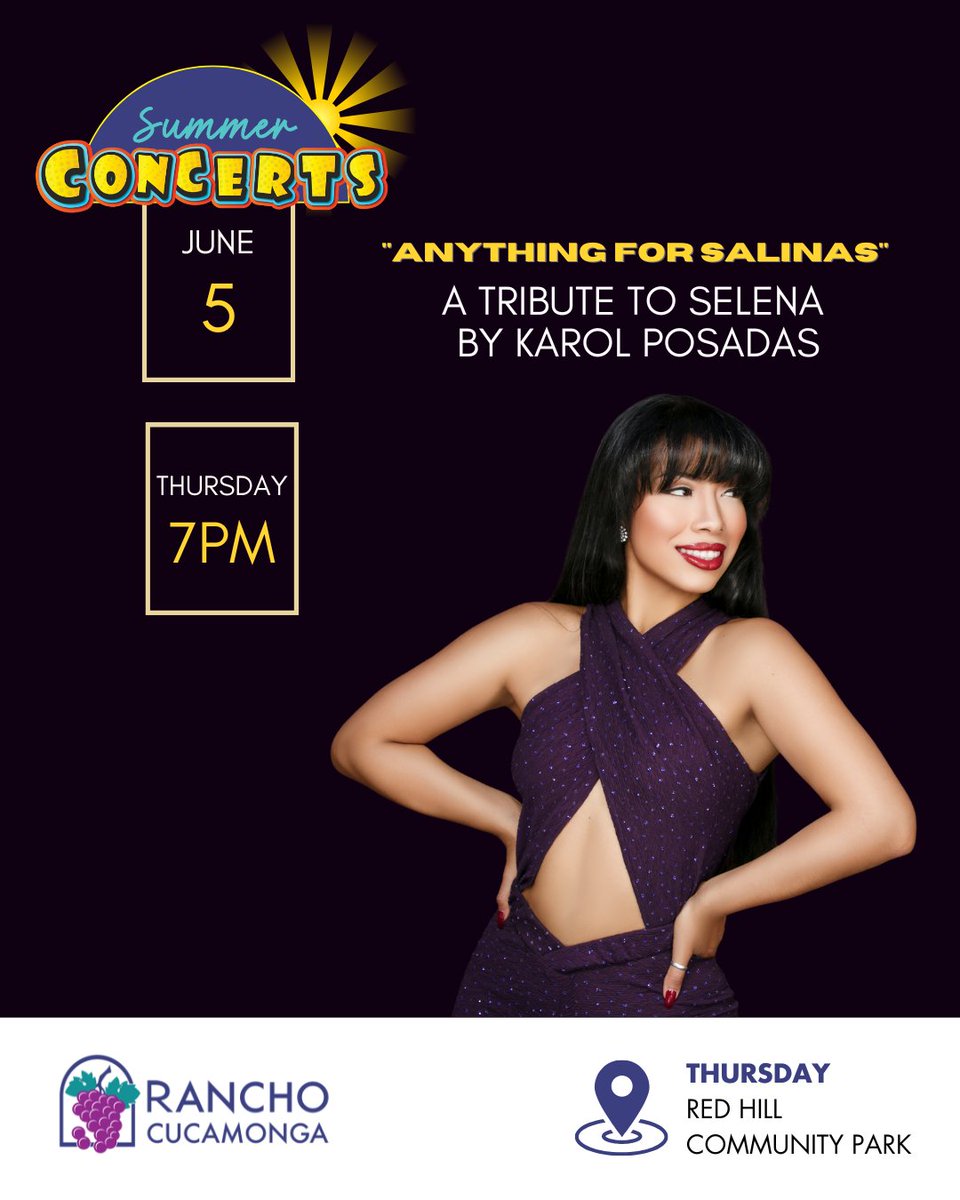 Kick off the Concerts in the Park season with Anything for Salinas, the premier tribute to Selena Quintanilla. Join us TONIGHT, June 5, starting at 7:00 p.m. at Red Hill Community Park!

For event details and park guidelines, visit RCpark.com.