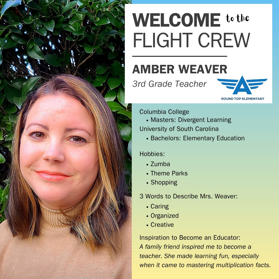 Round Top Elementary (@rteflightstatus) on Twitter photo Shout out to Ms. Weaver who is excited to be joining our 3rd grade team! #ECHOco ✈️ <a href="/RichlandTwo/">Richland School District Two</a> Shout out to Ms. Weaver who is excited to be joining our 3rd grade team! #ECHOco ✈️ <a href="/RichlandTwo/">Richland School District Two</a>