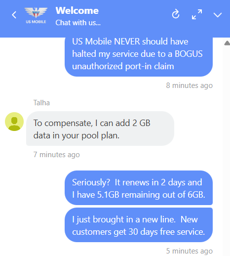 jkcab1's tweet photo. @USMobile has wasted several hours of my day.  They halted my service from a bogus unauthorized port-in claim.  Service has finally been restored and then to put salt in the would, they offered the attached.  I had enjoyed their service and customer service until today. https://t.co/m48sKiYLHw