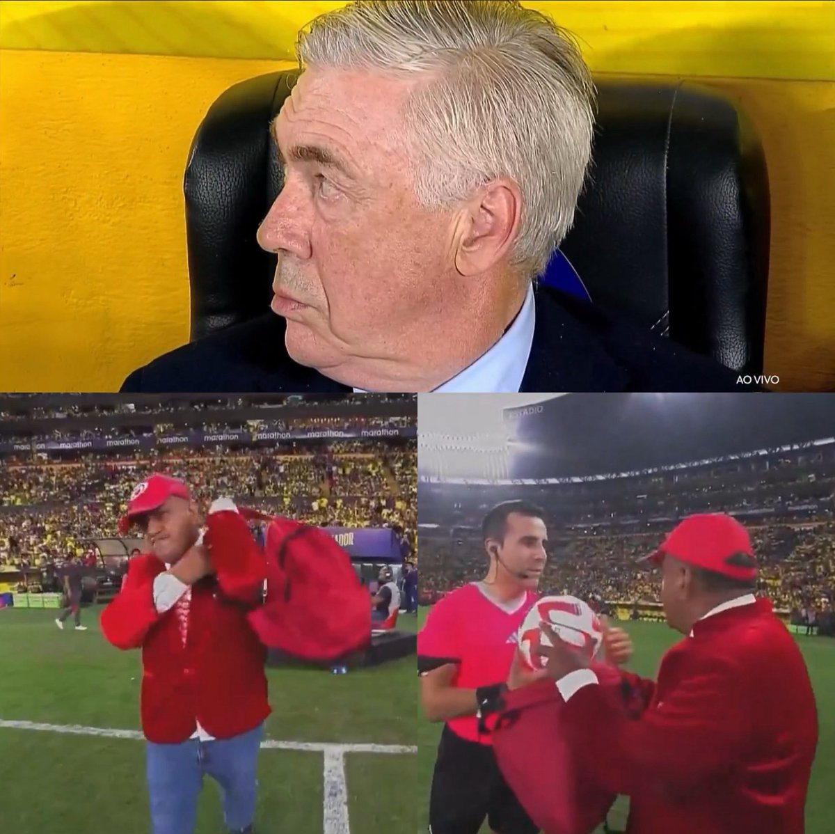 Hablemos de momentazos. José Delgado, periodista ecuatoriano, vestido de heladero, es quien entrega el balón al árbitro antes del Ecuador-Brasil, mientras Ancelotti mira levantando la ceja.

Bienvenido a las mejores eliminatorias del mundo, Carletto🫶.