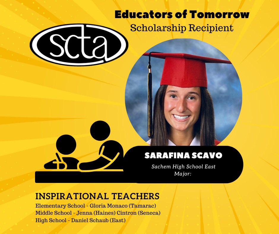 🎉Best wishes to Sarafina Scavo, East HS senior and SCTA ‘Educators of Tomorrow’ scholarship winner.  Sarafina plans to pursue Math Education  in college this fall.  Congratulations! 💫🎓🎊#EducatorOfTomorrow #FutureTeachers #SCTA