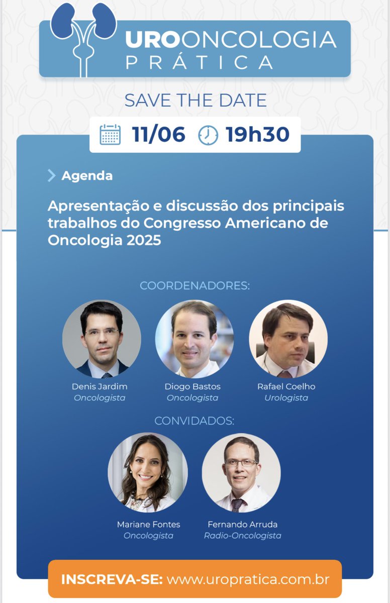 Let’s summarize and debate the most important and practice changing data presented on GU tumors during #ASCO25
👉06/11/25 ⏰7:30 pm (GMT-3)  
<a href="/DiogoAssed/">Diogo Assed Bastos</a> <a href="/RafaelFCoelho2/">Rafael Coelho</a> <a href="/docmeetings/">@DocMeetings - Urology</a> <a href="/DocmeetingsOnco/">DocMeetings_Oncology</a>
Online and free: uropratica.com.br