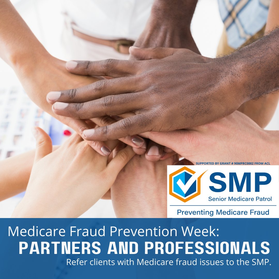 Partners and professionals, celebrate #MFPW by sharing SMP information on social media, referring clients and consumers to the SMP, and inviting the SMP to speak during a shared event. #MFPWpartners #Medicare #MedicareFraudPreventionWeek #Health #DRCOG
