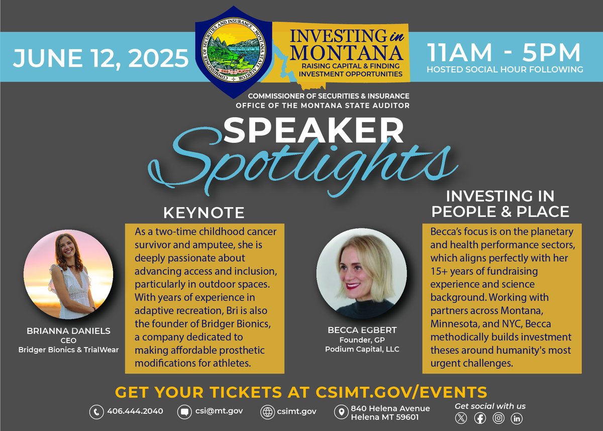 BrownCSIMT's tweet image. Only ONE WEEK LEFT until the Investing in Montana Summit!
Join us on June 12, 2025, in Bozeman for a day packed with insights on raising capital, finding investment opportunities, and advancing access and innovation in Montana.
Don’t miss inspiring keynote speaker Brianna…