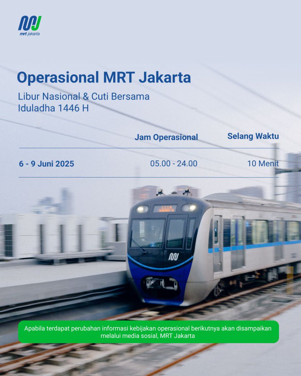 Berikut adalah jadwal operasional MRT Jakarta selama libur dan cuti bersama Iduladha 1446 Hijriah. 

#MRTJakarta 
#UbahJakarta