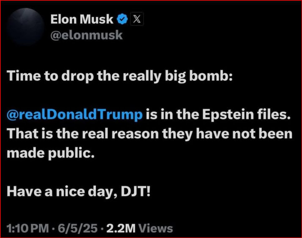 THE WAR IS ON!

MUSK VS TRUMP!

This tweet is real. Tell a friend.