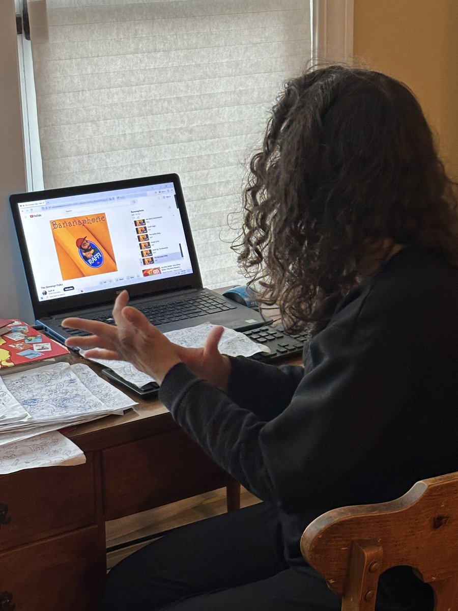 My oldest of 3 w profound autism rocking out to her childhood favorite <a href="/Raffi_RC/">Raffi Cavoukian 🇨🇦</a> songs. Such happy memories before... music soothes the savage Mom too. 😉🍌📞