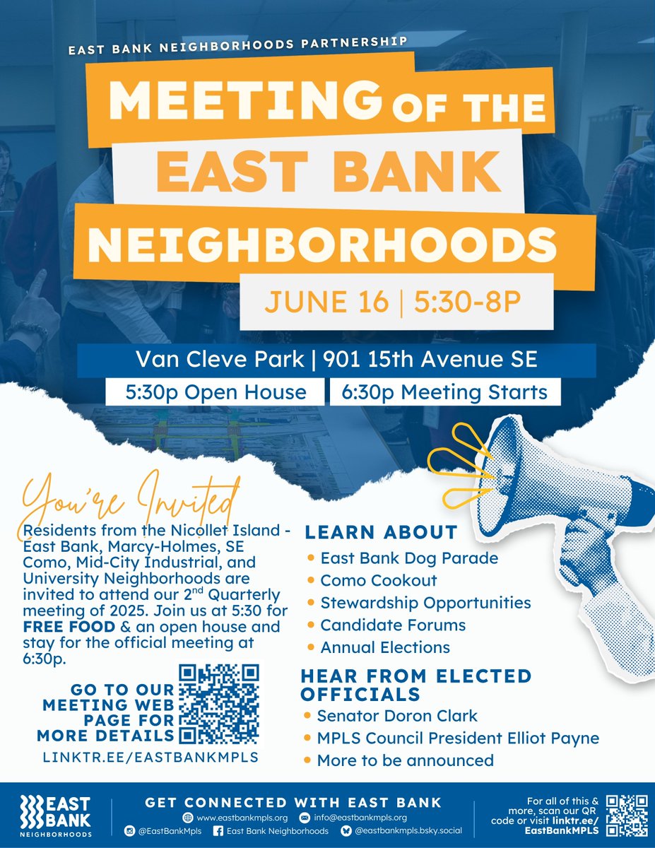 EastBankMpls's tweet image. Join us Mon, June 16 at Van Cleve Park for the East Bank Neighborhoods Q2 Meeting! 🏙️ Free food @ 5:30p, meeting starts @ 6:30p. Hear from elected officials + learn about local events, elections & ways to get involved! 🔗 linktr.ee/EastBankMPLS