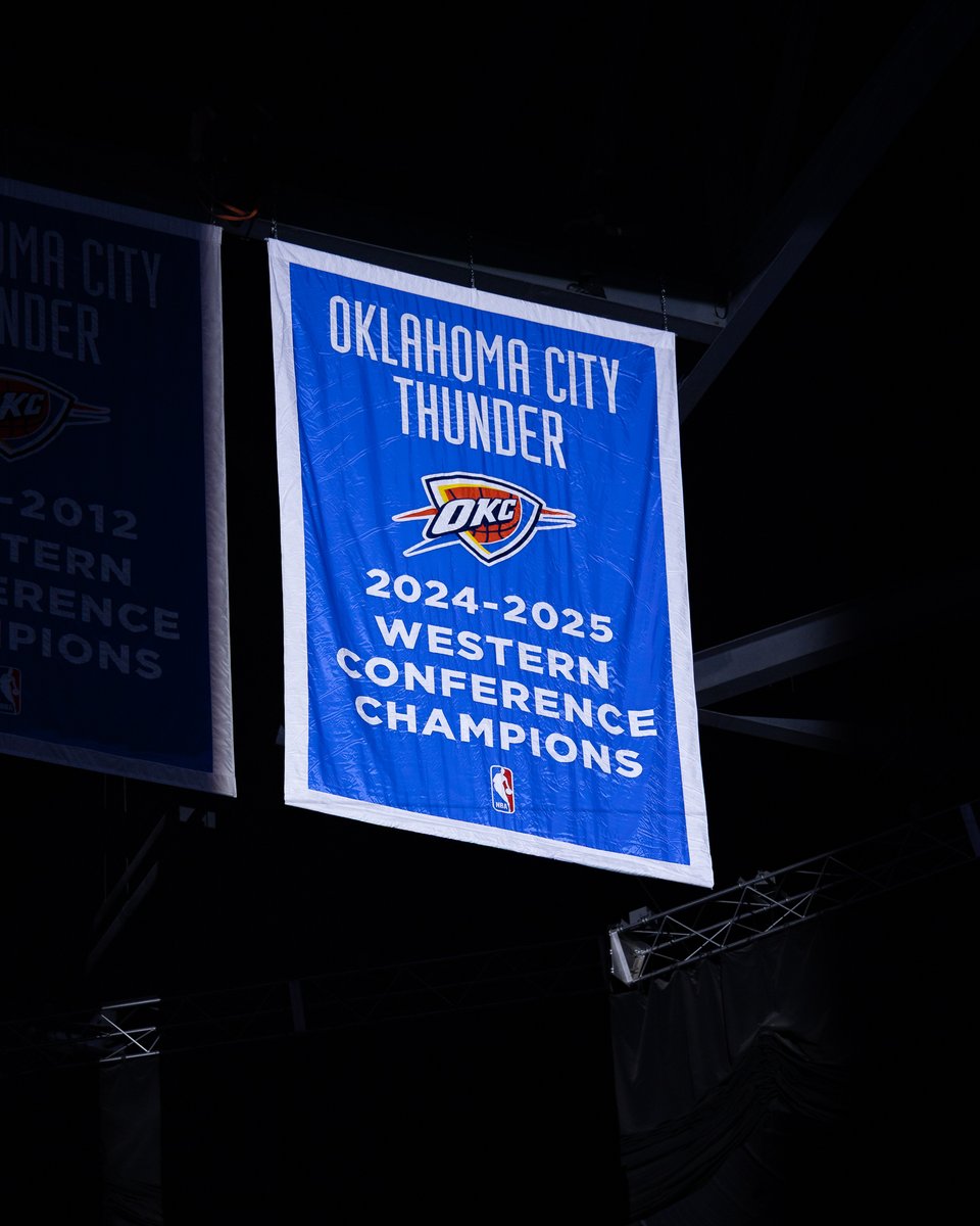 OKC THUNDER (@okcthunder) on Twitter photo Now in the <a href="/PaycomCenter/">Paycom Center</a> rafters, the Thunder's 2024-25 Western Conference Champions banner 👏 Now in the <a href="/PaycomCenter/">Paycom Center</a> rafters, the Thunder's 2024-25 Western Conference Champions banner 👏