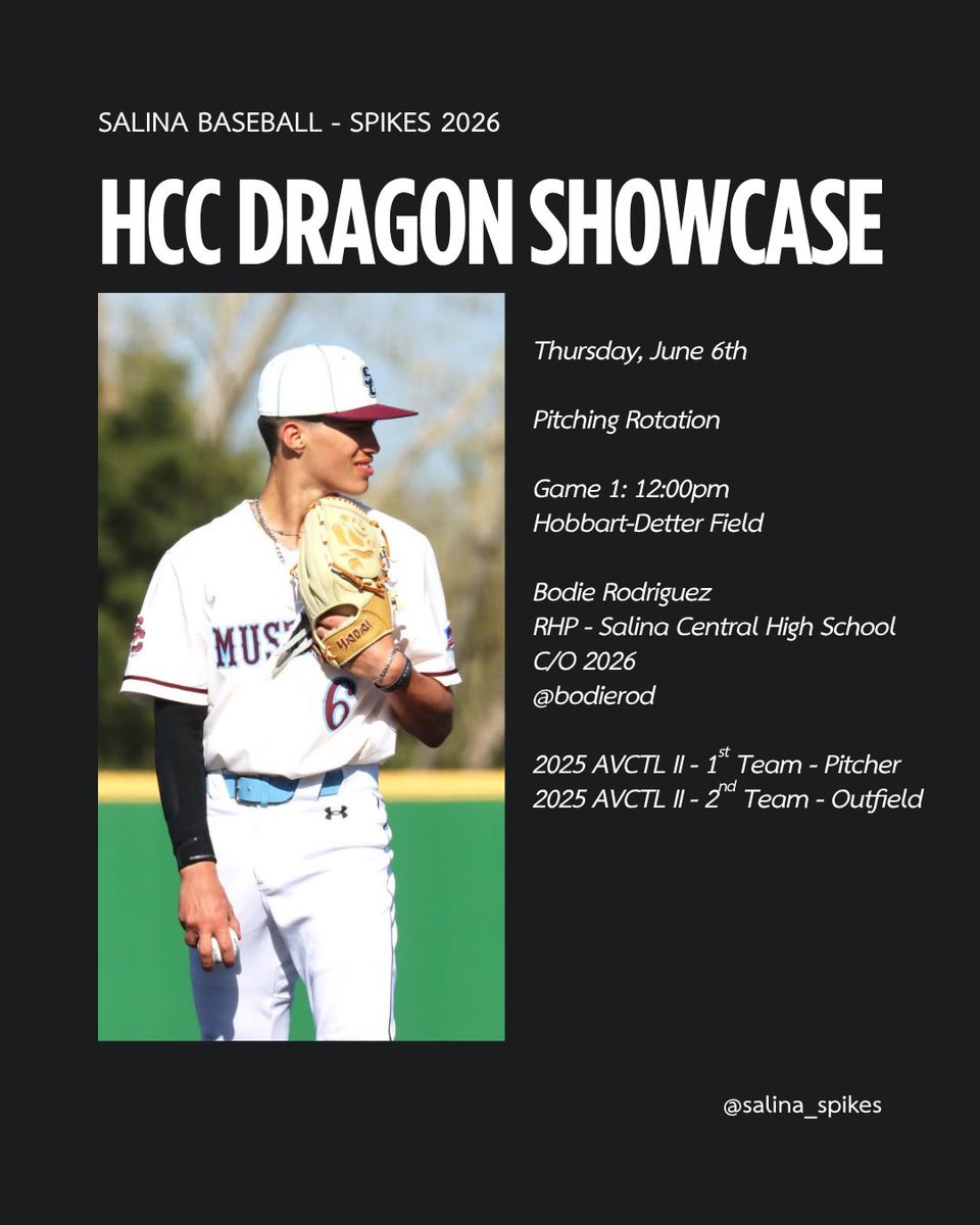 The <a href="/SalinaBaseball/">🇺🇸Salina Baseball⚾️</a> Spikes 2026 kickoff their tournament season at the <a href="/BlueDragonBSB/">Hutchinson Blue Dragon Baseball</a> Dragon Showcase Tournament tomorrow at noon! <a href="/bodierod/">Bodie Rodriguez</a> with the nod on the mound for the boys in blue! 🔵⚪️⚫️🐉🐉#spikes2026