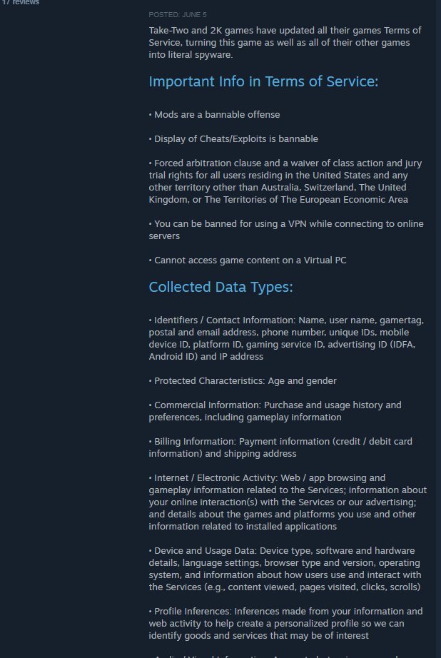 zerobudgetgamer's tweet photo. I was told Borderlands 2 was Free on Steam today!  Went to the Steam Page &amp; found Overwhelmingly Negative Reviews...

Turns out Take-Two/2K updated their ToS so that their games now collect a bunch of data and auto-ban Mods and VPNs, among other things.

Be wary, everyone. https://t.co/UFRT8OkSpC
