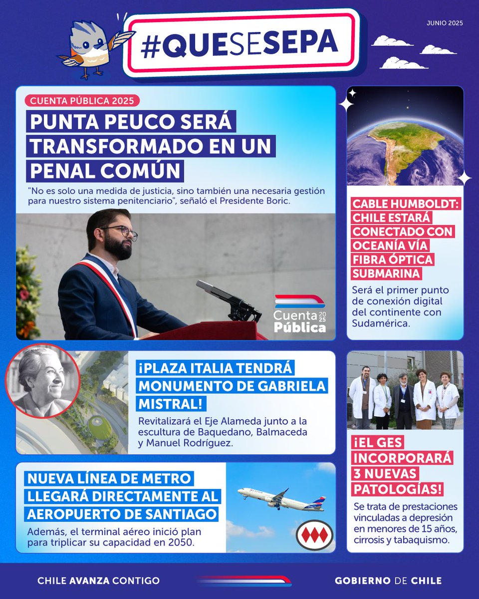 🇨🇱 ¡#QueSeSepa que los anuncios de la #CuentaPública2025 traerán importantes avances para nuestro país! Por ejemplo, tenemos buenas noticias en justicia con la transformación de Punta Peuco en un penal común y en transporte con la llegada del Metro al Aeropuerto de Santiago.