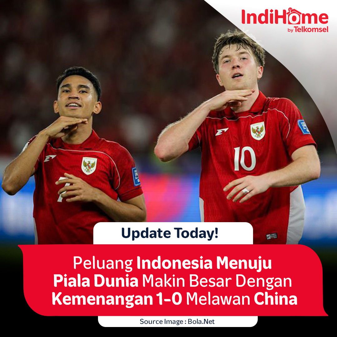 indihomekti's tweet photo. Congratsss atas kemenangan Indonesia 1-0 melawan China🥳
Perlahan tapi pasti, Indonesia bisa masuk ke Piala Dunia 2026👏 #IndiHome #TimnasDay #GarudaMendunia https://t.co/DYNOb8i003