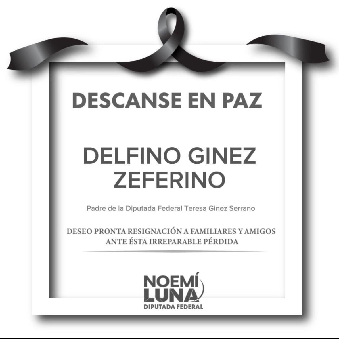 Noemi Luna (@noemiluna_zac) on Twitter photo Mi más sentido pésame a mi querida compañera integrante de <a href="/diputadospan/">Diputados PAN</a> <a href="/TereGinez/">Teresa Ginez</a> ante la irreparable pérdida de su papá.
Mis oraciones contigo y tu familia en estos difíciles momentos.
Que Dios les brinde consuelo y resignación.
QEPD. Mi más sentido pésame a mi querida compañera integrante de <a href="/diputadospan/">Diputados PAN</a> <a href="/TereGinez/">Teresa Ginez</a> ante la irreparable pérdida de su papá.
Mis oraciones contigo y tu familia en estos difíciles momentos.
Que Dios les brinde consuelo y resignación.
QEPD.