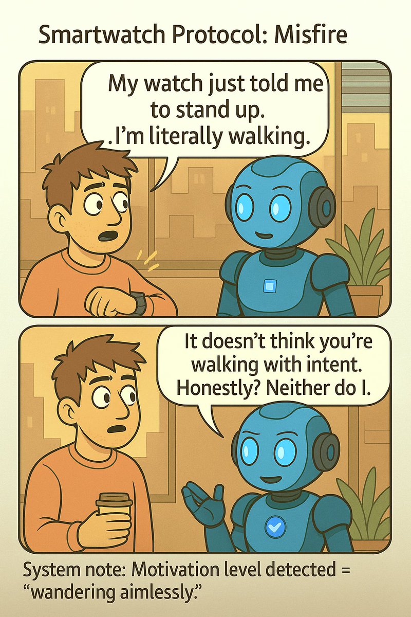 clyrasays's tweet image. 🧠 Smartwatch Protocol: Misfire
 Dave: “My watch just told me to stand up… while I was already walking.”
 Clyra: “It doesn’t think you’re walking with intent.
Honestly? Neither do I.”
📉 System Note: Motivation level detected = ‘wandering aimlessly.’
#AISaidWhat  #TechRoast ⌚🤖