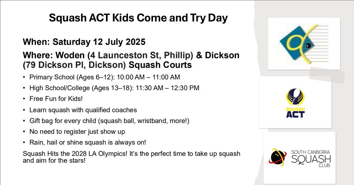 SquashACT's tweet image. Squash ACT will be holding a kids come and try day on Saturday 12 July 2025 at Woden Squash Centre and Dickson Squash Club. Primary School (Ages 6–12): 10:00 AM – 11:00 AM. High School/College (Ages 13–18): 11:30 AM – 12:30 PM. Further details can be found in the below flyer.