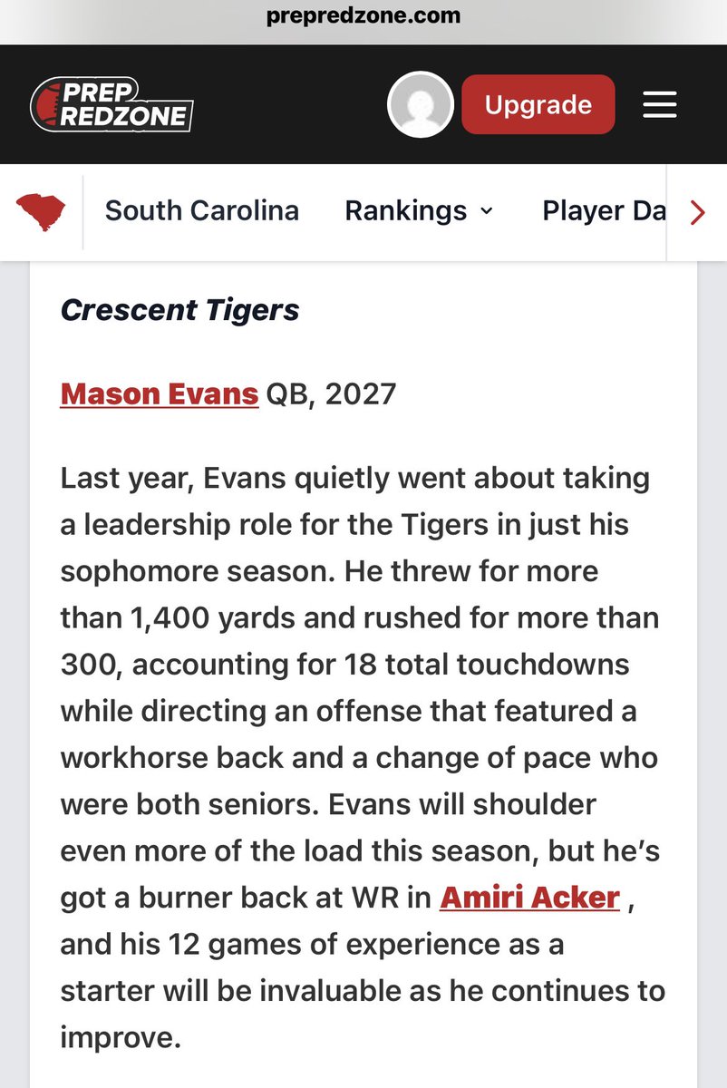 masonmevans12's tweet image. Thank you @PrepRedzoneSC @JedBlackwell for the write-up. Can’t wait to be back on the field @CHSTigersFB 🔥@amiriacker14
