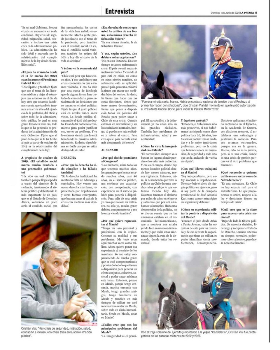 En una entrevista con @diariolaprensa, tuve la oportunidad de analizar mi carrera en las Fuerzas Armadas y continuar con el servicio público, esta vez en la política, además de revisar las principales urgencias que enfrenta Chile y la Región del Maule, como es la seguridad.