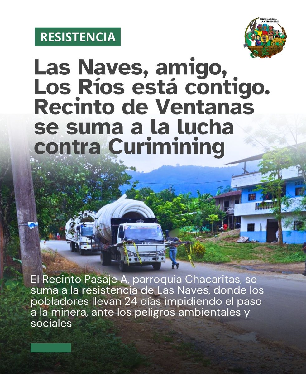 🔴 #ATENCIÓN | El recinto Pasaje A, parroquia Chacaritas (Ventanas, Los Ríos) se suma a la resistencia contra la empresa Curimining. Hoy, los pobladores impidieron el paso de manguerones, una mula y un tráiler, que tenían la intención de pasar al proyecto Curipamba - El Domo.
