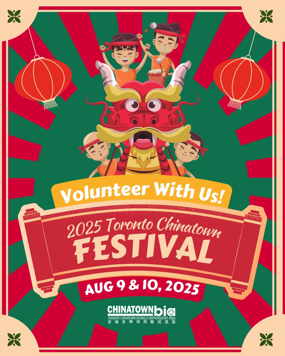 Volunteers wanted! The Toronto Chinatown Festival returns this Aug 9 &amp; 10, and we’re looking for passionate individuals to help bring the event to life! This is your chance to be part of something meaningful, exciting, and rooted in community.

Apply now: chinatownbia.com/recruitments/v…