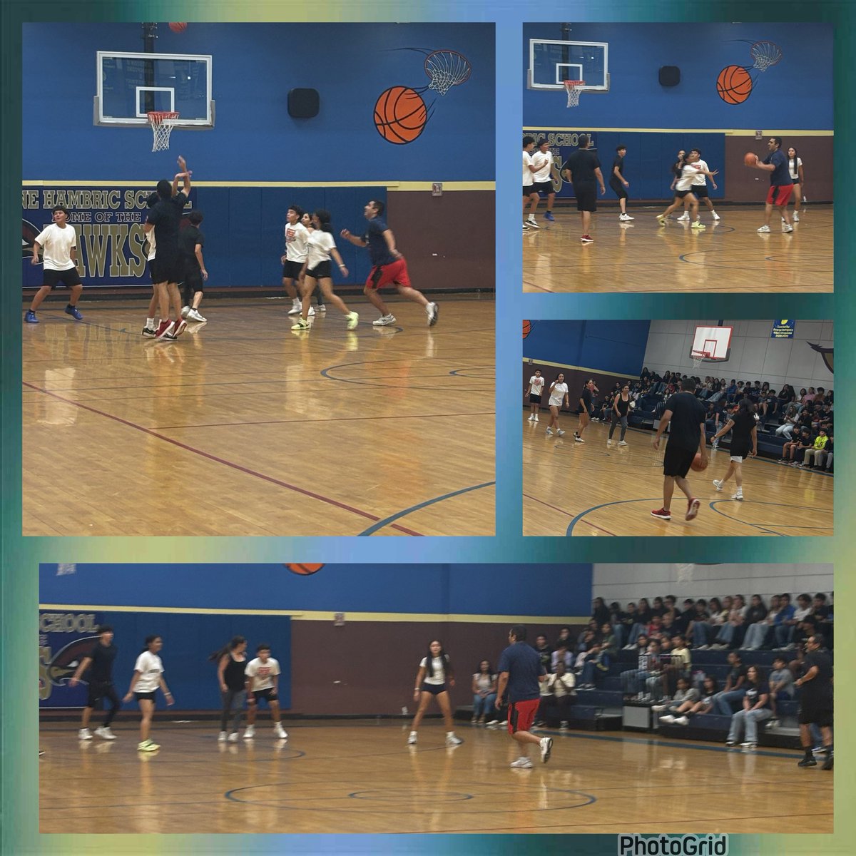 MEscajeda_JHS's tweet photo. @JHambric_K8 Teachers vs. Students in our annual end-of-year basketball game! Laughter, school spirit, and some surprisingly serious skills hit the court today, and what a game it was! #TeamSISD #HawkPride #AllIn https://t.co/DWPJQnDdqX
