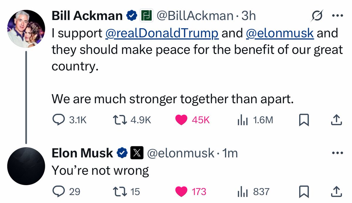 MAGAVoice's tweet photo. HOLY SH*T 🚨 Elon Musk thinks it’s important for himself and President Trump to make peace 🙏 

AMERICA NEEDS THIS https://t.co/GIGsnPLLUZ