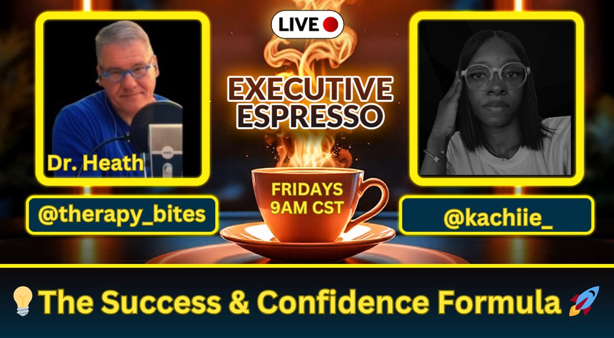 Dr. Heath 🧠 (@therapy_bites) on Twitter photo The Success/Confidence Formula 🧪
🚨TOMORROW | 9AM CST 🚨U.S. Memphis Time
Ever succeeded… but still doubted yourself?
Join me + <a href="/kachiie_/">Precious #WID</a> as we brew up some HOT truth on the mental chemistry of success, self-doubt & the traps beneath the MYTH of “imposter” syndrome”.
☕ The Success/Confidence Formula 🧪
🚨TOMORROW | 9AM CST 🚨U.S. Memphis Time
Ever succeeded… but still doubted yourself?
Join me + <a href="/kachiie_/">Precious #WID</a> as we brew up some HOT truth on the mental chemistry of success, self-doubt & the traps beneath the MYTH of “imposter” syndrome”.
☕