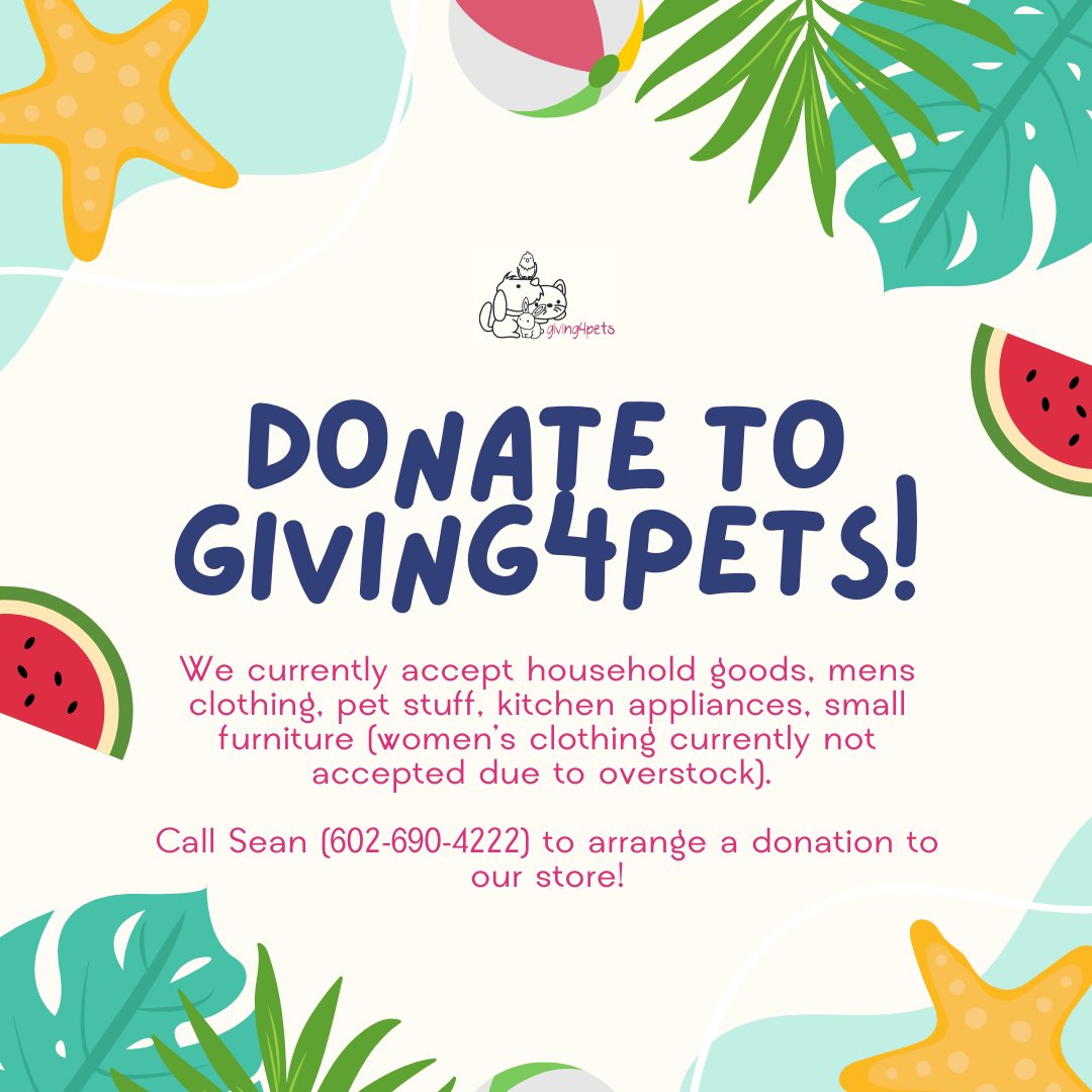 Summertime is here. Thrift and get the best deals with Giving4Pets this summer! 🛍️😎 All profits go towards helping pet families in need. See updated store hours &amp; what we accept for donations at the store below 👇

🌸 Monday-Sat, 10am-4pm
📲 Contact Sean for donation drop offs!