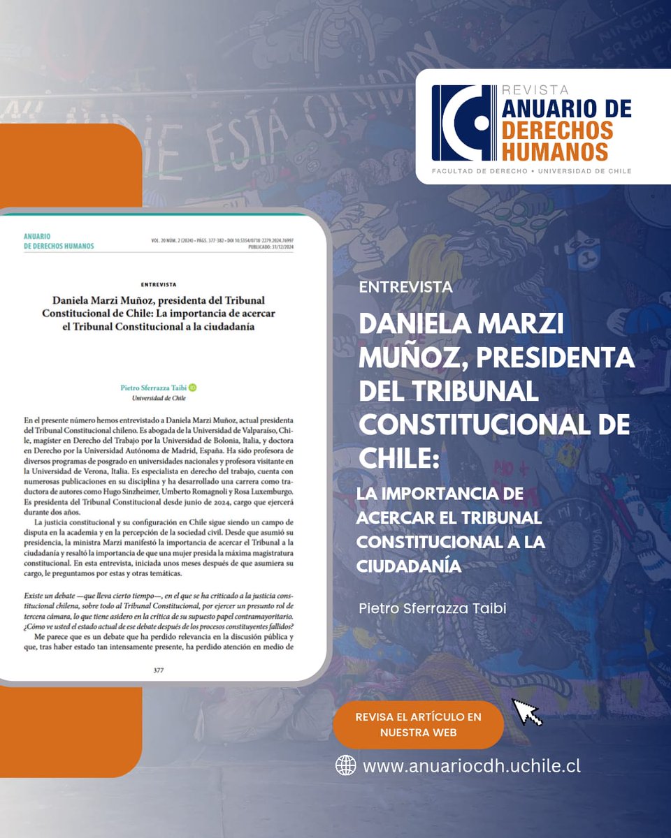 📚 [ARTICULO DE ANUARIO]

📕 Título: "Daniela Marzi Muñoz, presidenta del Tribunal Constitucional de Chile: La importancia de acercar el Tribunal Constitucional a la ciudadanía"

📝 Autor: Pietro Sferrazza Taibi.

💻 Revisa la entrevista en el link:
anuariocdh.uchile.cl