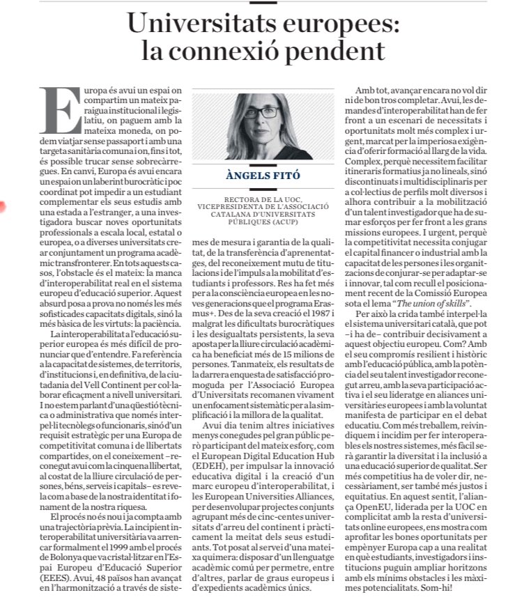 Lluís Rius (@lrius) on Twitter photo “Necessitem facilitar itineraris formatius discontinuats i multidisciplinaris per a col·lectius de perfils molt diversos i alhora contribuir a la mobilització d’un talent investigador.”
<a href="/afitob/">Àngels Fitó</a>, rectora de la <a href="/UOCuniversitat/">UOCuniversitat</a> , al <a href="/diariARA/">diariARA</a> “Necessitem facilitar itineraris formatius discontinuats i multidisciplinaris per a col·lectius de perfils molt diversos i alhora contribuir a la mobilització d’un talent investigador.”
<a href="/afitob/">Àngels Fitó</a>, rectora de la <a href="/UOCuniversitat/">UOCuniversitat</a> , al <a href="/diariARA/">diariARA</a>