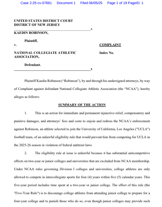 samcehrlich's tweet photo. Another eligibility lawsuit by an ex-JUCO player: this one by ex-App State and would-be UCLA wide receiver Kaedin Robinson.

Complaint: https://t.co/vkiR4qG73y
Memo in Support of Motion for Temporary Restraining Order and Preliminary Injunction: https://t.co/in0a6uUDSN https://t.co/sIDephTZqT