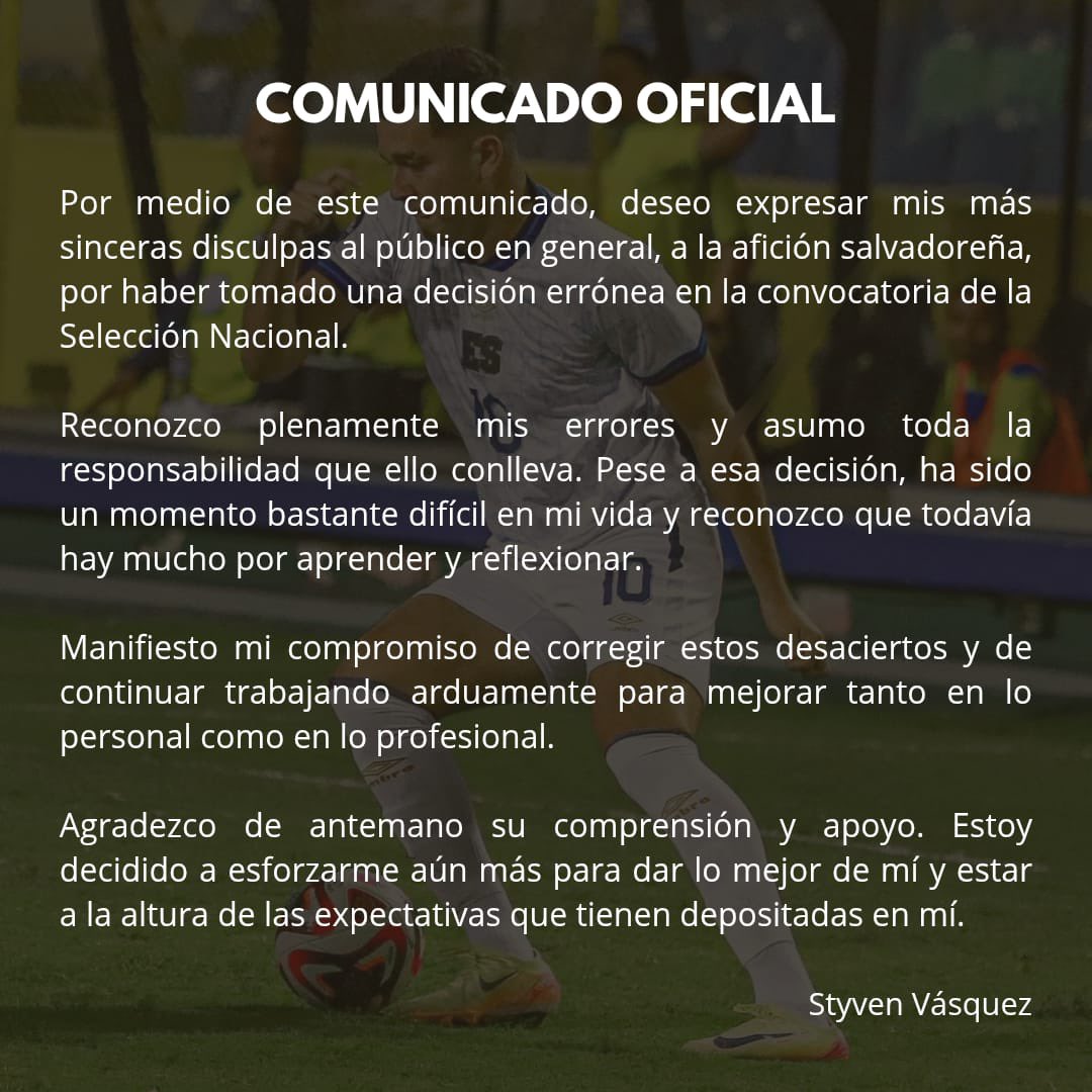 Comunicado de Styven Vásquez sobre la decisión de no atender el llamado a selección nacional.