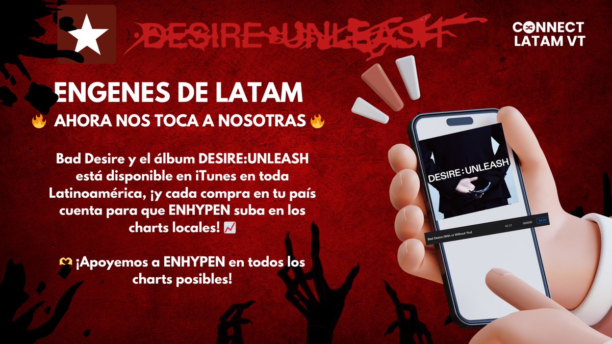 CONNECT_LATAMVT's tweet photo. ENGENEs LATAM 🦇❤️🔥
¡Compra Bad Desire y el álbum #DESIRE_UNLEASH en iTunes de tu país y hagamos que suba en los charts locales! 🌍
Cada compra suma, ¡apoyemos con fuerza desde Latinoamérica! 🇲🇽🇦🇷🇨🇴🇵🇪🇨🇱.. etc.
@ENHYPEN_members #ENHYPEN #엔하이픈 #CONNECT_LATAMVT
#DESIRE_UNLEASH