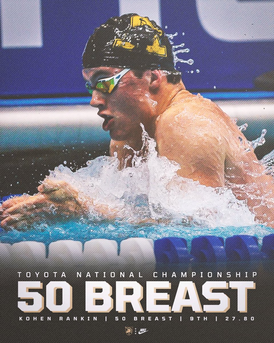 Bringing that summer heat 🔥

Kohen put up a new long course meter program record as he finished ninth overall in the 50 breast with a first place finish in the B finals of the event at the Toyota National Championship in Indiana 💪

#GoArmy | #RelentlessPursuit