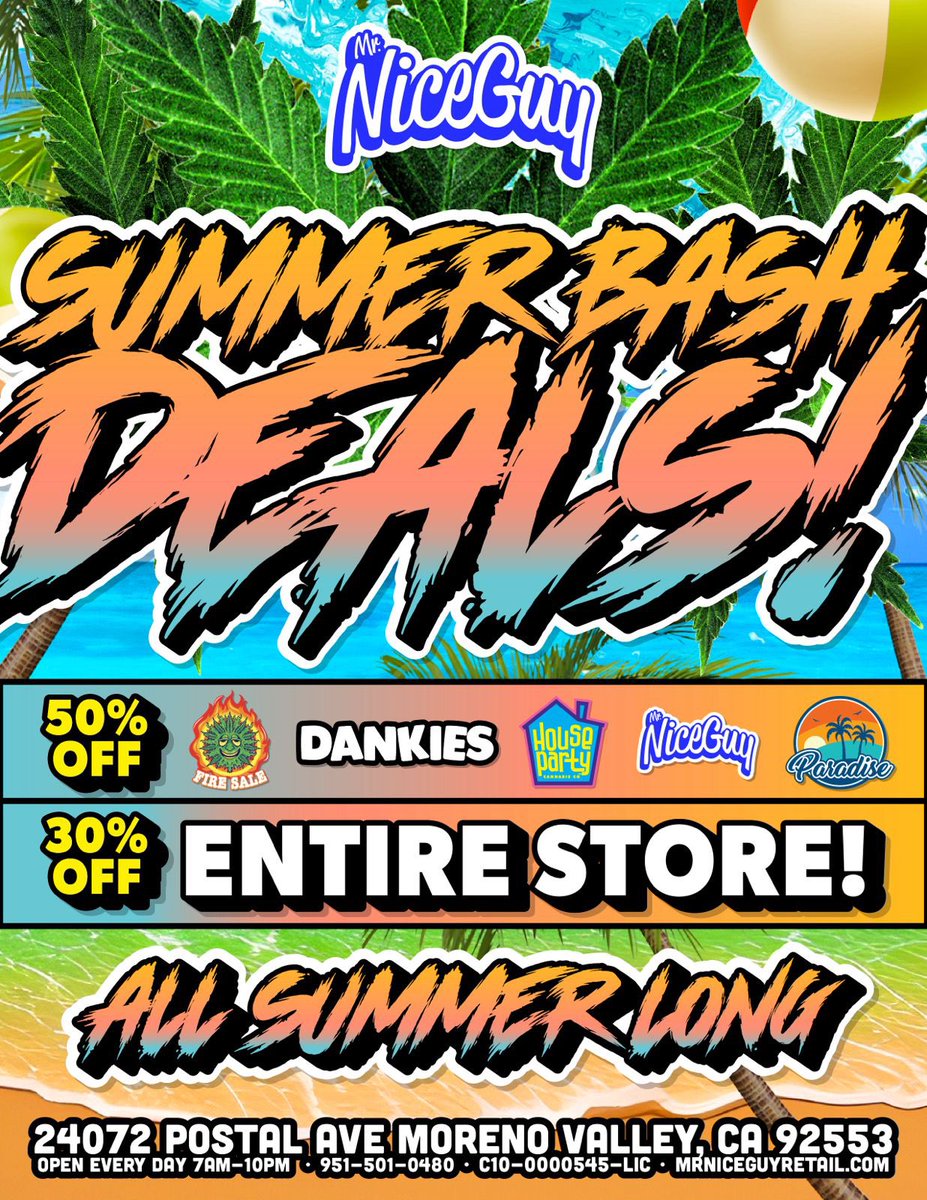 MrNiceGuyStores's tweet photo. Deals valid all summer long! Come to📍24072 Postal Ave, Moreno Valley CA 92553 #deals #cannabisdispensary #Weedlovers