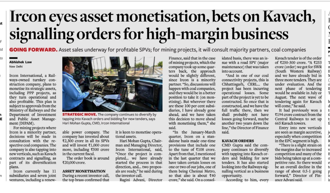 Ircon International – a Railways owned turnkey construction company - aims to monetise its strategic assets, including PPP projects, as they turn operational; and also profitable This plan is subject to approvals from the Ministry of Railways and DIPAM (Department of Investment