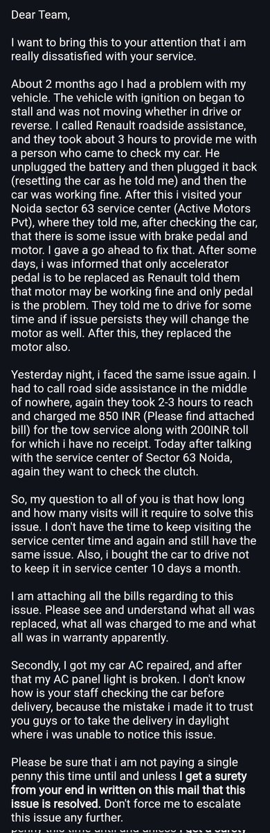 Quite disappointed in the manner in which <a href="/RenaultIndia/">Renault India</a> handles service and repairs for the cars in their service centres!

Same issue repeating for last 2 months, repaired twice, yet the team at service centre has no idea what to do!!!

<a href="/renaultgroup/">Renault Group</a>