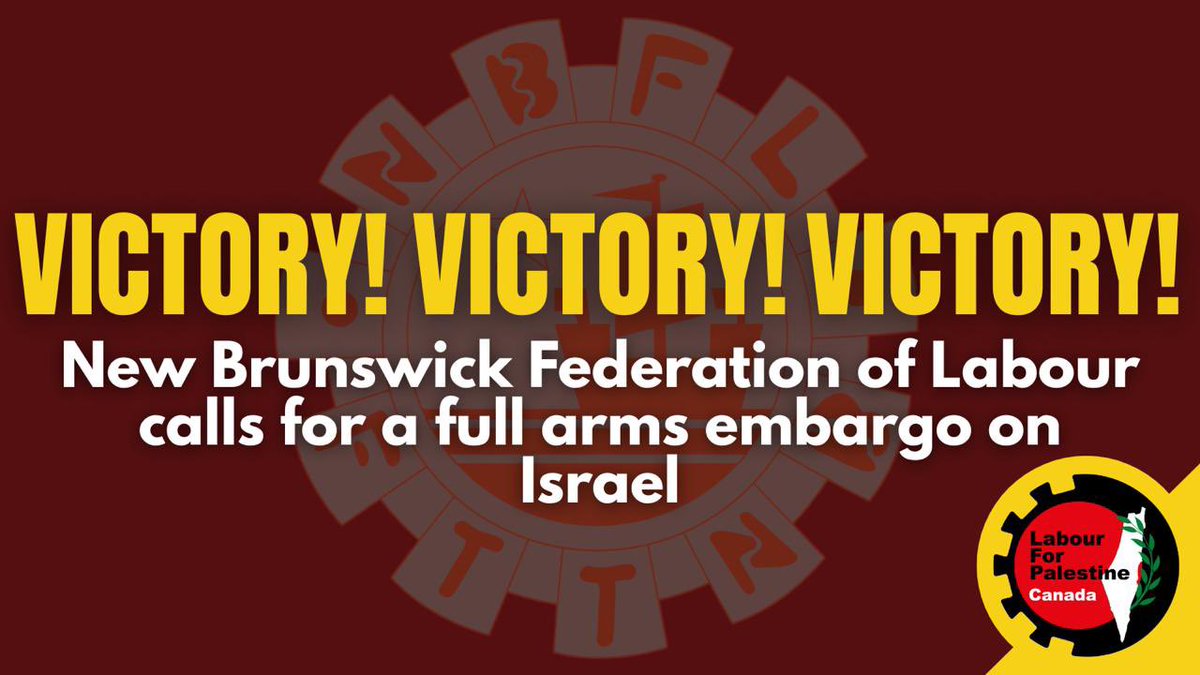Victory ‼️ 

Last week at the convention of the New-Brunswick Federation of Labour (NBFL), a resolution on the arms embargo/hot cargo call was passed unanimously by the delegation.
This resolution was brought forward by the Canadian Union of Postal Workers (CUPW) ✊