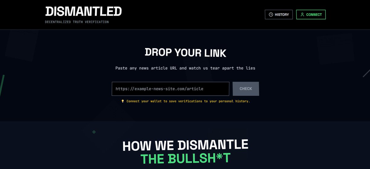 Marcelo (@marcelo210909) on Twitter photo Tired of misinformation? 🤯 We're building DISMANTLE at the #cookathon by <a href="/0xMantleDevs/">Mantle Devs</a>! 🍳
Our project is your new Web3 shield against fake news. Paste a link, get AI-powered insights & community verification. Time to DISMANTLE the doubt! 🛡️#Mantle #BuildOnMantle Tired of misinformation? 🤯 We're building DISMANTLE at the #cookathon by <a href="/0xMantleDevs/">Mantle Devs</a>! 🍳
Our project is your new Web3 shield against fake news. Paste a link, get AI-powered insights & community verification. Time to DISMANTLE the doubt! 🛡️#Mantle #BuildOnMantle