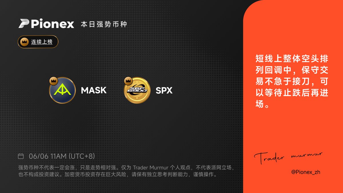 🏯6月6日 强势币种名单
$MASK, $SPX

🫰🏻温馨提醒
筛选出的币种不代表一定会上涨，仅是相对更容易上涨、下跌风险较低。

#MASK #SPX #Pionex