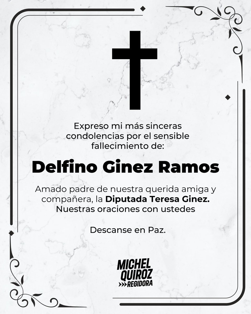 Michel Quiroz (@michelquiroz) on Twitter photo Expreso mis condolencias a la Familia Ginez Serrano, por el sensible deceso de Delfino Ginez Ramos, amado padre de mi querida amiga <a href="/TereGinez/">Teresa Ginez</a>
Descanse en paz 🕊️ Expreso mis condolencias a la Familia Ginez Serrano, por el sensible deceso de Delfino Ginez Ramos, amado padre de mi querida amiga <a href="/TereGinez/">Teresa Ginez</a>
Descanse en paz 🕊️