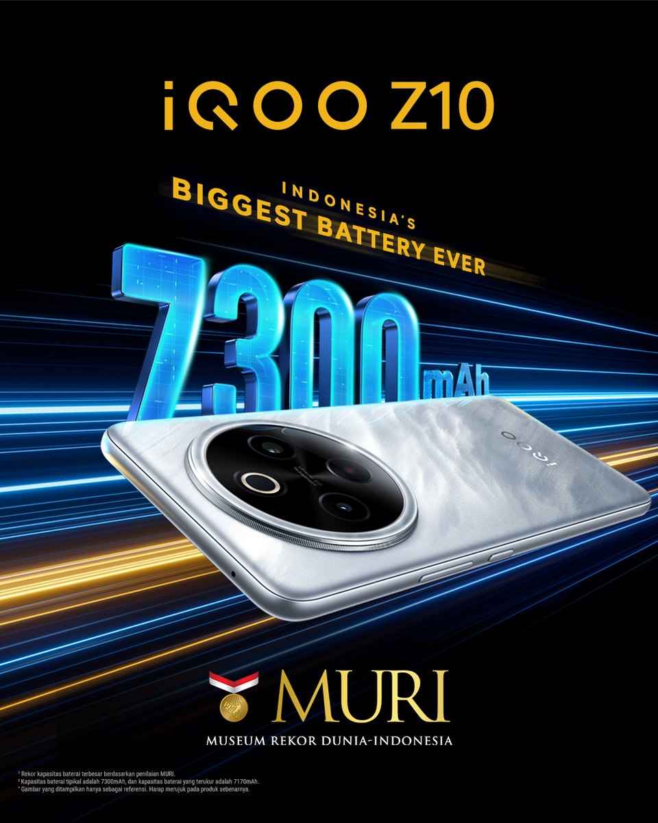 🔥 Resmi tercatat di MURI! 🔥
iQOO Z10 dinobatkan sebagai smartphone dengan baterai terbesar di Indonesia:  7300 mAh! 💪⚡

Nggak cuma tahan lama, tapi juga siap nemenin kamu #RuleYourLife tanpa takut lowbat. Ini dia kekuatan yang sesungguhnya!

Siap jadi bagian dari generasi