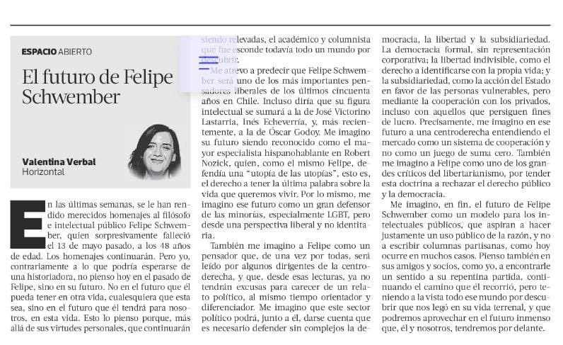 “El futuro de Felipe Schwember” - Valentina Verbal en <a href="/latercera/">La Tercera</a>