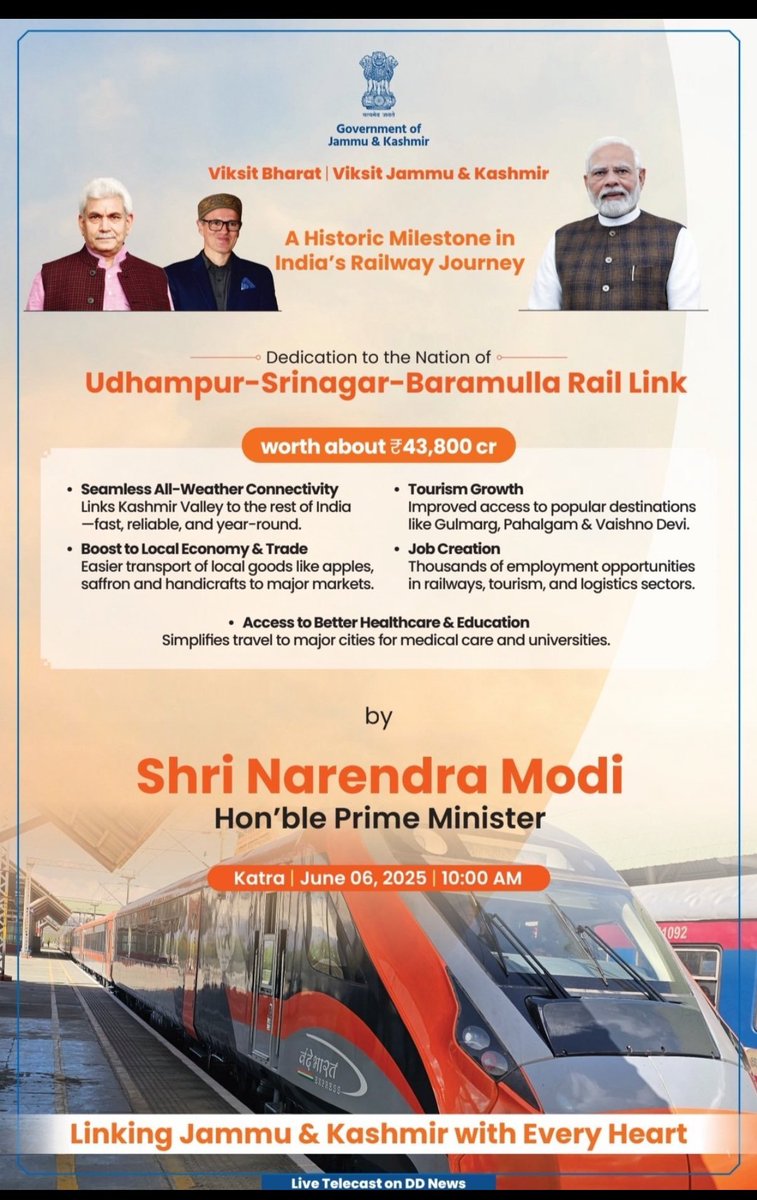 TheHindUVAACH's tweet photo. पीएम मोदी आज जम्मू-कश्मीर का दौरा करेंगे

उधमपुर-श्रीनगर-बारामुला रेल लिंक (#USBRL) परियोजना राष्ट्र को समर्पित करेंगे। 

पीएम दुनिया के सबसे ऊंचे रेलवे आर्च ब्रिज चिनाब ब्रिज और भारत के पहले केबल-स्टेड रेल पुल- अंजी ब्रिज का भी उद्घाटन करेंगे।

#JammuKashmir #PMModi #ArchBridge https://t.co/u3kcFDEm7W