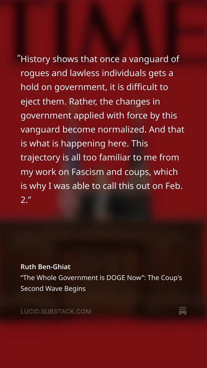 John Lounsbury (@jlounsbury59) on Twitter photo “The Whole Government is DOGE Now”: The Coup's Second Wave Begins
by <a href="/ruthbenghiat/">Ruth Ben-Ghiat</a>
open.substack.com/pub/lucid/p/th…
"A lawless vanguard infiltrated the U.S. government; now they are being institutionalized and will work with Project 2025's own democracy destroyers" “The Whole Government is DOGE Now”: The Coup's Second Wave Begins
by <a href="/ruthbenghiat/">Ruth Ben-Ghiat</a>
open.substack.com/pub/lucid/p/th…
"A lawless vanguard infiltrated the U.S. government; now they are being institutionalized and will work with Project 2025's own democracy destroyers"