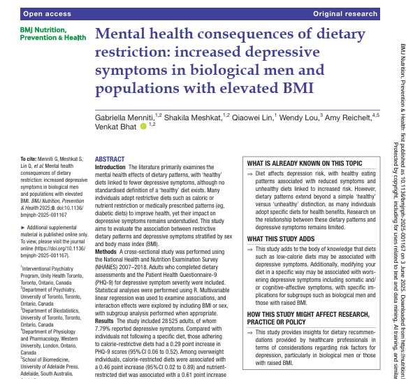 「健康のための食事制限」が、逆に心の不調を招く可能性を示唆する論文。米国の約2万8千人を対象とした調査では、カロリー制限をしている人は、していない人より抑うつ症状のスコアが高い傾向にあり、特に過体重の人や男性で見られることが示された。ダイエット中はメンタルを崩しやすくなるようだ