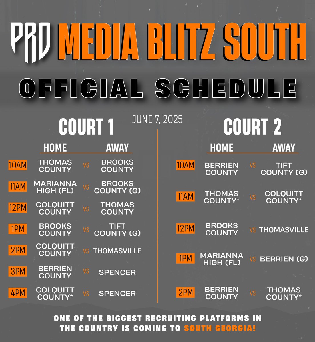 🗣️College Coaches⤵️

#PRO Media Blitz SOUTH

🗓️June 7📍Colquitt Co. High

☑️Competitive Games
☑️Boys &amp; Girls Teams
☑️Prospects For All Levels
☑️Under The Radar Prospects

👁️‍🗨️College Coaches Looking For Hidden Gens on the Recruiting Trail!

🏀College Coaches, FREE ADMISSION