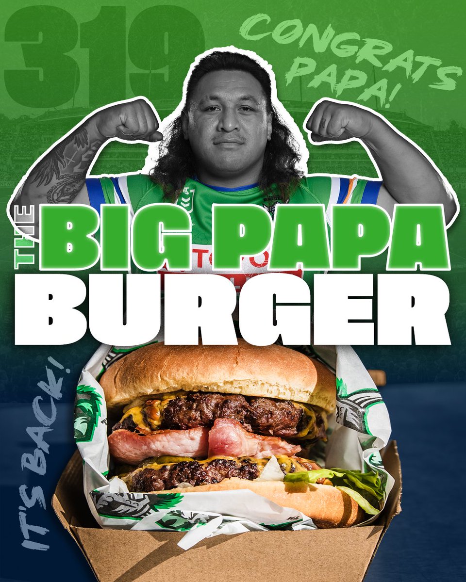 giostadium's tweet photo. Celebrate the milestone man with The Big Papa Burger! 🍔🏉💚
📍Available at the Stadium Favourites Outlet on the Southern Inner Bowl this Sunday!
#BigPapaBurger #Papa319 #NRL #StadiumEats #GIOStadium #Canberra @RaidersCanberra https://t.co/RcxGOy899K