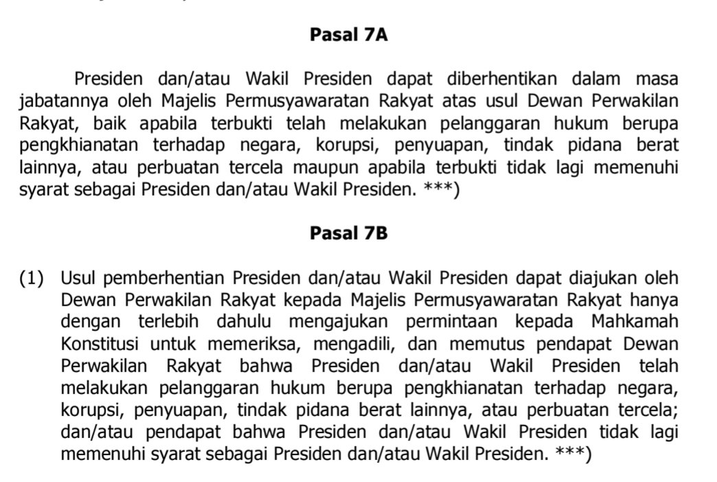 psabd's tweet photo. Tunggu, pemakzulan gak bisa gitu aja dilakukan sama DPR. Harus ada penyebabnya, antara lain:   "telah melakukan  pelanggaran  hukum berupa pengkhianatan  terhadap  negara, korupsi, penyuapan, tindak pidana berat lainnya, atau perbuatan  tercela"

Ada di UUD pasal 7A. https://t.co/aG0ws5cNh6